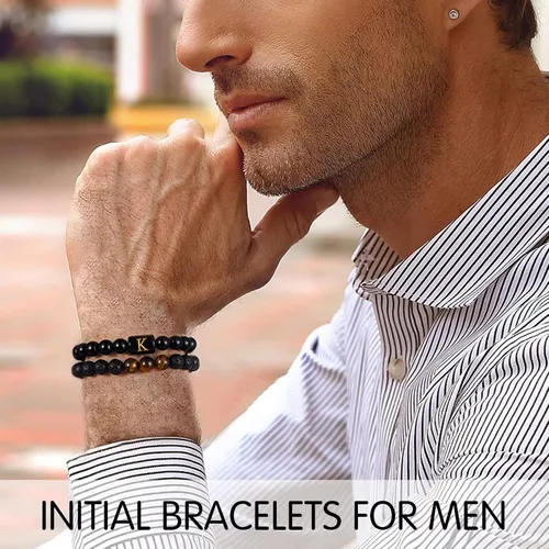 Vista 2 de STORUP Pulsera de regalo para hombres Pulsera de cuentas de piedra de lava de ojo de tigre de 0.315 in para hombre, enlace inicial, hecha a mano