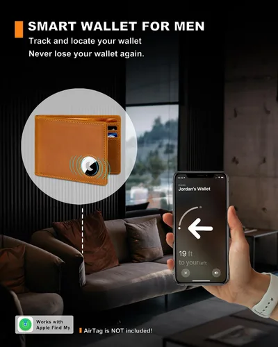 Vista 48 de Billetera AirTag para hombre, de piel auténtica plegable con bloqueo Rfid AirTag con ranuras para efectivo y ventana de identificación, compatible