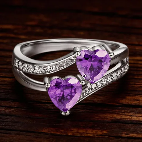 Vista 7 de Anillo de promesa de boda con topacio azul y blanco, chapado en plata de ley 925, con doble corazón