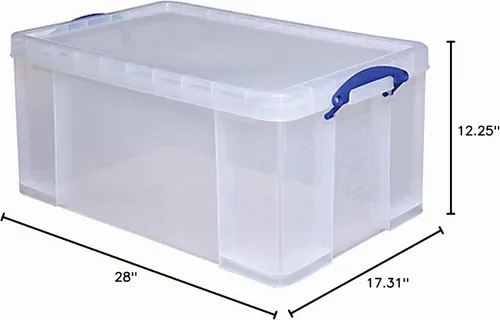 Vista 2 de Caja de almacenamiento de plástico transparente transparente realmente útil, 64 litros con asas adjuntas que hacen que sea fácil de llevar
