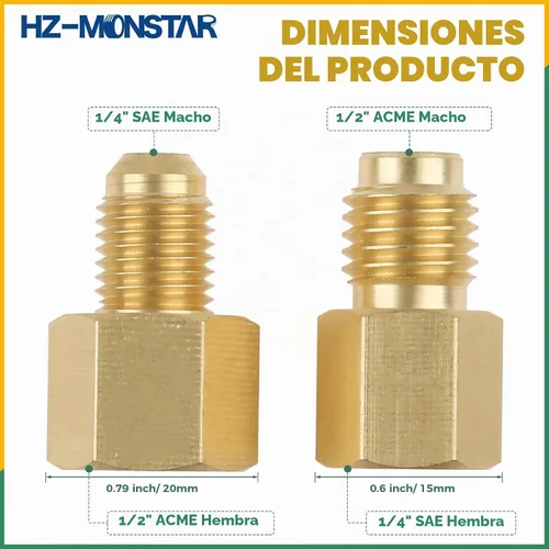 Vista 2 de R410A R134A Adaptadores Kit de Ajuste para Sistema Mini Dividido 5/16" SAE 1/4" SAE Flare, Kit de Ajuste de Latón 1/2 Acme 1/4" Hembra a Macho