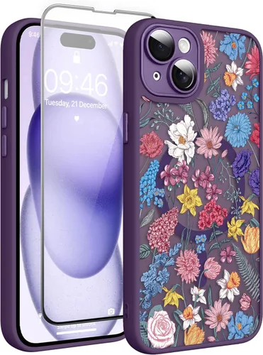 Vista 31 de Magnético para iPhone 13 con protector de pantalla [Compatible con MagSafe] Diseño de patrón floral de flores bonitas, funda delgada a prueba