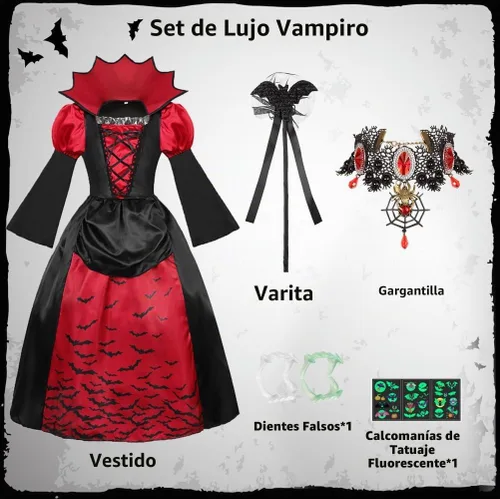 Vista 2 de Disfraz de vampiro para niñas, vestido de vampiro real, disfraz
