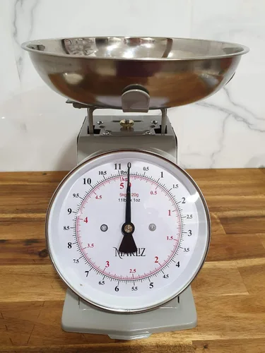 Vista 9 de MARLIZ Báscula de cocina mecánica de estilo antiguo antiguo de 11 libras con 2 tazones Báscula analógica de alimentos para cocina Gris