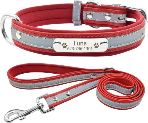 Vista 8 de Collares reflectantes personalizados para perros con acolchado de neopreno, collar de perro grabado personalizado con placa de nombre para perros