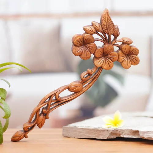 Vista 2 de NOVICA Arte de pared floral de madera de Suar grande, marrón, 'Plumeria Bouquet