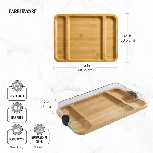 Vista 8 de FARBERWARE Tabla de cortar Build-a-Board con tres compartimentos y tapa de bloqueo transparente para charcutería, bocadillos y más, de acacia
