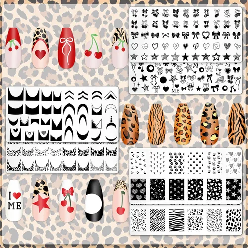 Vista 3 de Whaline Juego de 6 placas de estampado de uñas de guepardo y cerezas, arco de estrella de leopardo, cereza, placa de arte de uñas para bricolaje
