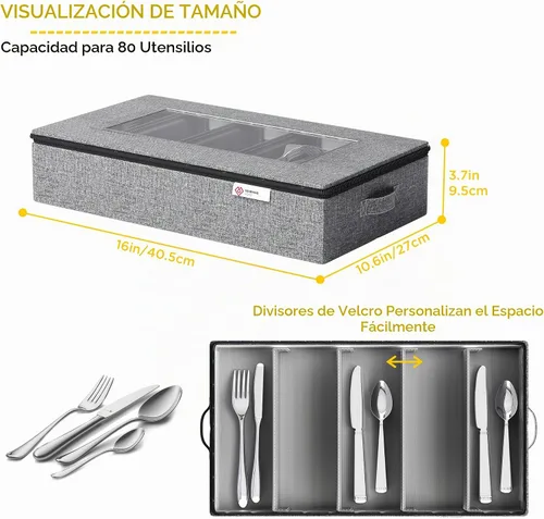 Vista 2 de YearningHome Caja de almacenamiento de cubiertos, organizador de cubiertos de carcasa dura con tapa y cremallera, almacenamiento de utensilios