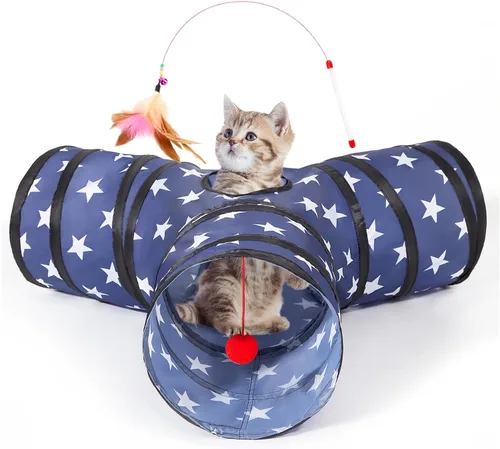 Vista 11 de Tempcore Túnel para gatos con tubo de juguete, túneles plegables de 3 vías para gatos, túneles para mascotas aburridas con agujero y pelota, juguete