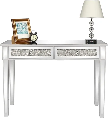 Vista 5 de Karl home Mesa de escritorio con espejo y 2 cajones, mesa consola plateada, mesa de sofá con espejo con incrustación de cristal en la parte