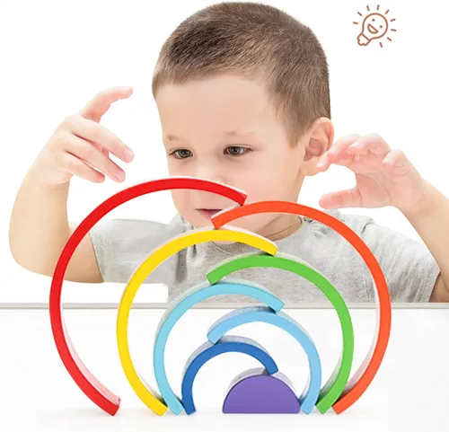 Vista 2 de TUOWITA Juguete apilable de madera arco iris, juego grande de arco apilador de madera, bloques de construcción de arco Montessori, bloques