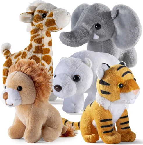 Vista 2 de PREXTEX Safari Friends - Juego de regalo de animales de peluche, 5 animales de zoológico pequeños (jirafa, tigre, león, oso polar, elefante)