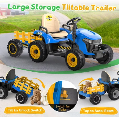 Vista 3 de ANPABO Tractor de paseo de 24 V con remolque inclinable y desmontable, neumáticos EVA, hasta 4.3 Mph, juguetes para montar con control remoto Azul