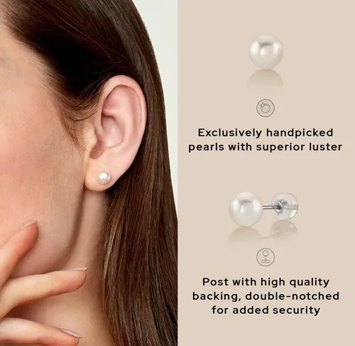 Vista 5 de THE PEARL SOURCE Aretes redondos de perlas reales de agua dulce blancas para mujer, aretes de oro de 14 quilates Aretes hipoalergénicos con perlas