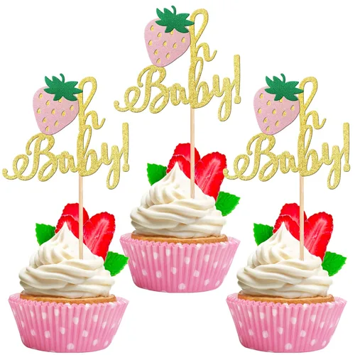 Vista 22 de 24 piezas de adornos para cupcakes de fresa, purpurina roja, temas de frutas, bayas y fresas, para verano, dulces, baby shower, fiesta