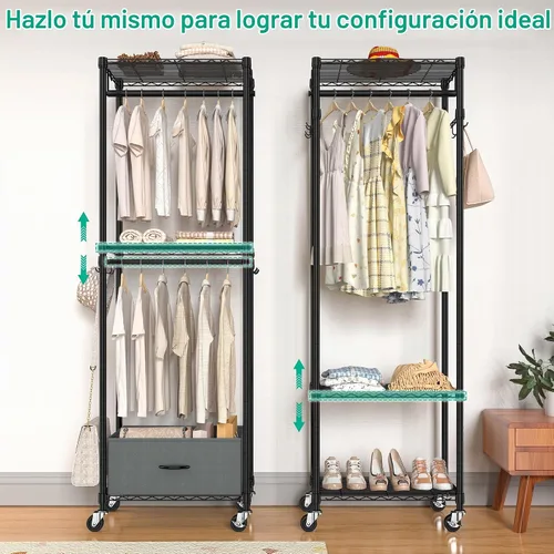 Vista 2 de Folews Perchero Rodante para Ropa, Perchero de Vestimenta de 3 Niveles para Colgar Ropa, Armario de Alambre Metálico con Barras de Cajón