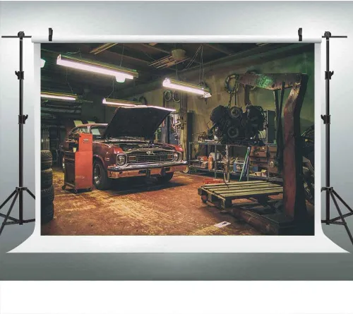 Vista 10 de Fondos de garaje antiguos para fotografía de 5 x 3 pies, fondos de reparación de automóviles temáticos para fiesta de fotos y accesorios de estudio