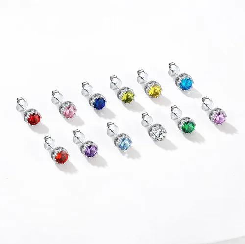 Vista 9 de ChicSilver Aretes de plata de ley 925 con forma de corazón brillante, redondaprincesa con piedra natal para mujer, joyería de cumpleaños