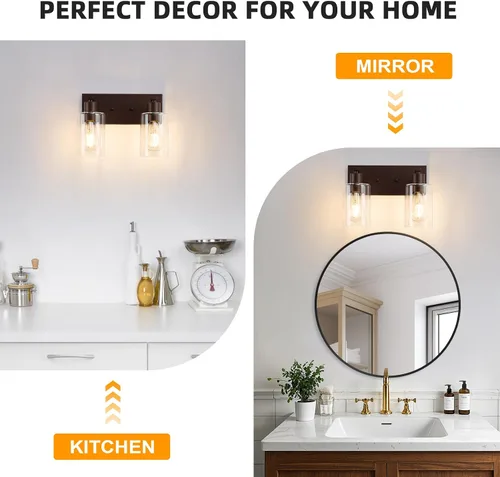 Vista 6 de 2 Luces de Iluminación para Baño, Accesorios de Iluminación de Tocador en Bronce Cepillado con Soporte de Vidrio Transparente de 33cm, Lámparas