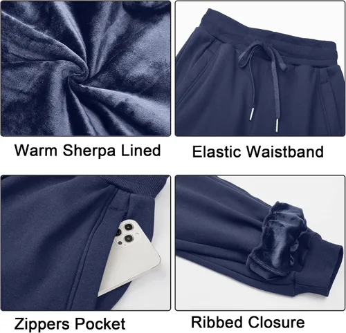 Vista 27 de MOUEEY Pantalones deportivos súper cálidos con forro de sherpa para mujer, pantalones deportivos de forro polar con bolsillos con cremallera