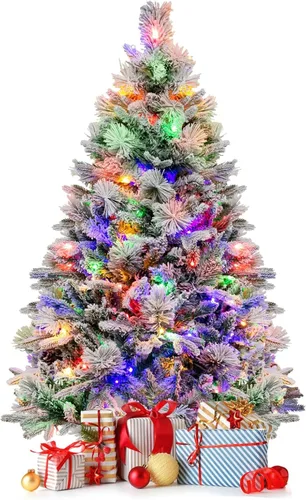 Vista 17 de HAPPYGRILL - Árbol de Navidad artificial preiluminado de 2.1 m, árbol de Navidad con nieve flocada y 320 luces LED multicolor, 8 modos de Snow Pe