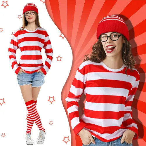 Vista 6 de Hicarer 7 piezas de Halloween Cosplay camisa de rayas rojas y blancas para adultos, hombres y mujeres, disfraces de Halloween, sudadera con gafas