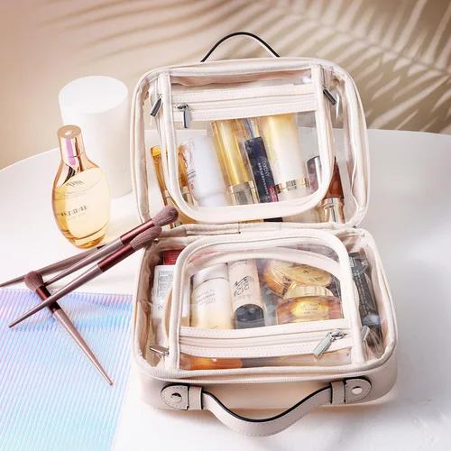 Vista 5 de SANHECUN Neceser de viaje Estuche grande transparente para cosméticos bolsa de maquillaje (beige, pequeño)