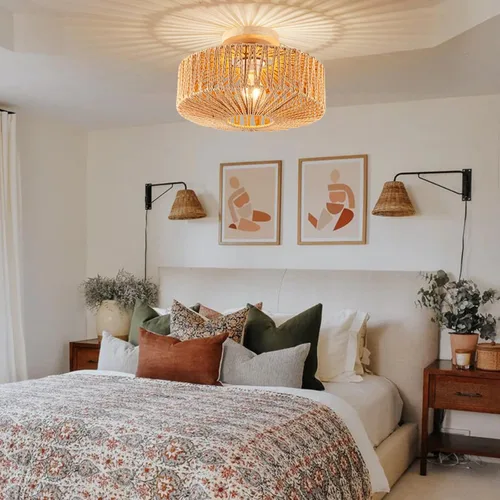 Vista 9 de Lámpara de Techo de Ratán Boho - Mini Candelabro de Montaje Empotrado Accesorio de Luz Tejido para Dormitorio, Pasillo, Entrada, Baño, Guardería