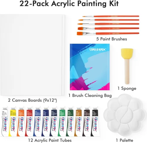 Vista 2 de AUREUO Kit de pintura acrílica, tubos de pintura acrílica de 12 colores, 9 x 12 pulgadas, paquete de 2 paneles de lienzo, 5 pinceles, paleta