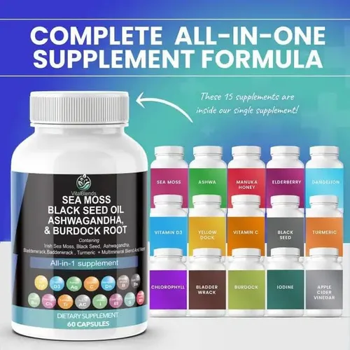 Vista 3 de Musgo marino 3000 mg Aceite de semilla negra 2000 mg Ashwagandha 1000 mg cúrcuma 1000 mg vejiga 1000 mg bardana 1000 mg y vitamina C y D3 con saúco