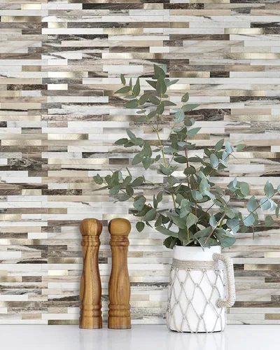 Vista 8 de KASARO 20 hojas de azulejos autoadhesivos para salpicaduras para cocina, mármol marrón blanco con rayas doradas antiguas, azulejos de mosaico