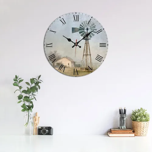 Vista 3 de Windmill House Wooden Wall Clock with Roman Numerals for Retro Decor 25 * 25cm