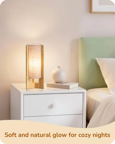 Vista 7 de EDISHINE Small Wood Table Lamp, 13.5" Modern Bedside Lamp, Beige Linen Shade, Natural Wood Cylinder Nightstand Lamp for Bedroom Living Room, On-Off