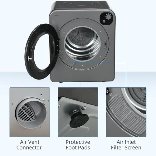 Vista 12 de HOMCOM - Secadora de ropa portátil, secadora de ropa compacta de 120V 1300W con secado inteligente, tambor de acero inoxidable de 3.2 pies cúbicos