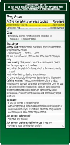 Vista 10 de Excedrin Cápsulas para Alivio del Dolor de Cabeza por Tensión, Acetaminofén 500mg, Cafeína 65mg, Analgésico, Sin Aspirina, 100