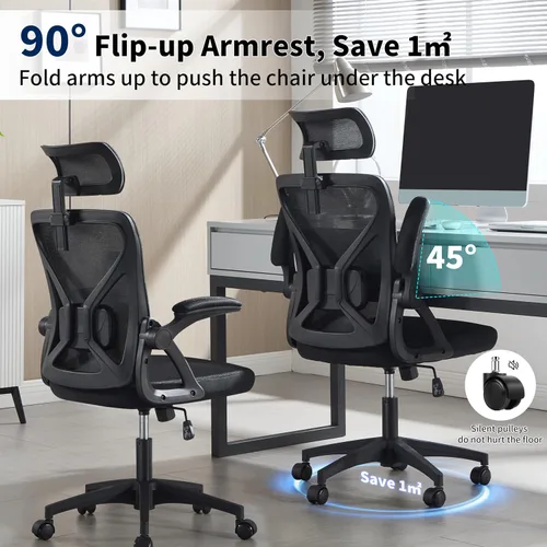Vista 6 de Silla de oficina, silla de escritorio ergonómica con soporte lumbar ajustable, silla de computadora de malla de 400 libras, respaldo alto con Negro