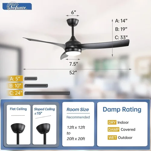 Vista 7 de Sofucor Ventilador de techo inteligente de 52 pulgadas, funciona con aplicación/Alexa/Google, ventilador de techo negro para exteriores con control