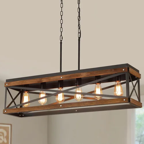 Vista 11 de Accesorio de Lámpara Colgante de Madera Rústica de Granja, Una Luz con Cadena Ajustable, Jaula de Linterna de Madera de Roble y Metal, Iluminación