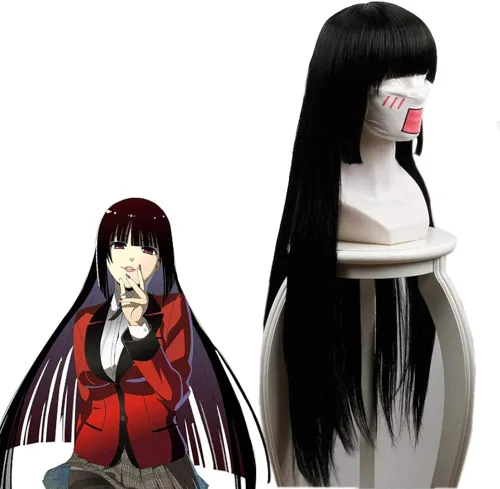 Vista 2 de AxBALL Apply to Jabami Yumeko Cosplay Anime Kakegurui Compulsive Gambler Long Black Costume Hair for Women Halloween Party Synthetic s with Keychain