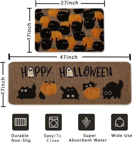 Vista 2 de Juego de 2 tapetes de cocina de Halloween, diseño de calabazas de gato negro, tapete de fiesta de granja de Halloween para decoración de cocina