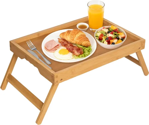 Vista 20 de Artmeer FSC - Bandejas de cama 100% bambú, tamaño mediano, 2 unidades, color natural Two FSC 100% bamboo bed trays with folding legs and handles