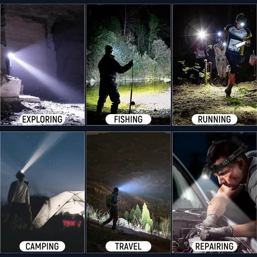 Vista 7 de Linterna Frontal Recargable Paquete de 2, Linterna Frontal LED Brillante para Adultos, Ajustable 135°, 3 Modos, Lámpara de Cabeza Impermeable IPX6