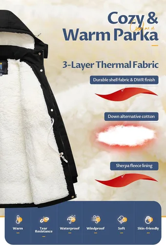 Vista 3 de CREATMO US Abrigo de invierno de sherpa grueso para mujer, chaqueta de nieve cálida con capucha extraíble