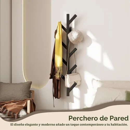 Vista 3 de Vlush Perchero de metal montado en la pared con 9 ganchos, moderno minimalista y vertical para colgar ropa, sombreros, bolsas colgantes y bufandas
