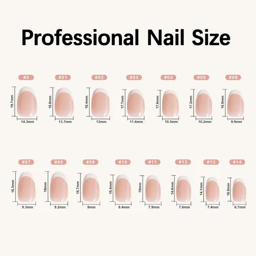 Vista 5 de Misssix Uñas postizas a presión de punta francesa, uñas postizas cortas ovaladas a presión con pegamento de uñas, 30 uñas adhesivas en 15 tamaños