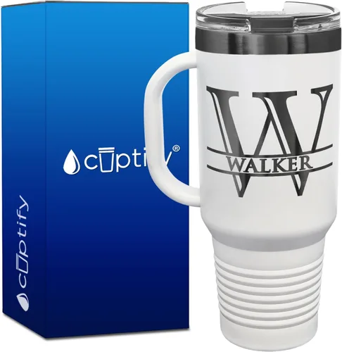 Vista 117 de Vaso personalizado de regalo de cumpleaños para mujeres y hombres, con monograma de escritura dividida, inicial y nombre grabado en negro, taza
