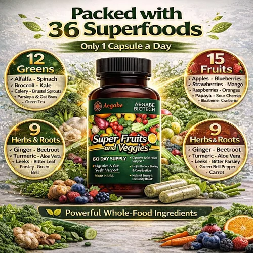 Vista 3 de Suplemento de súper frutas y verduras, 36 verduras y frutas frescas, suplemento nutricional diario Balance of Nature para salud digestiva y alivio