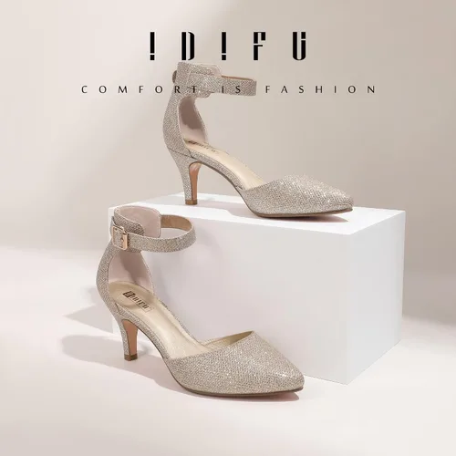 Vista 2 de IDIFU IN3 D'Orsay Zapatos de tacón bajo para mujer, zapatos de vestir puntiagudos con puntera cerrada, correa de tobillo para novia, elegante