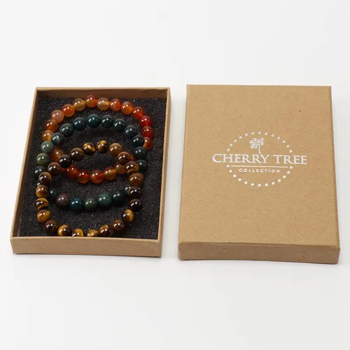 Vista 2 de Cherry Tree Collection Gemstone - Small, Medium, Large Sizes - 3 Beaded Bracelet Set With Gift Box - Bracelets For Men, Women, and Teens - 8mm Beads